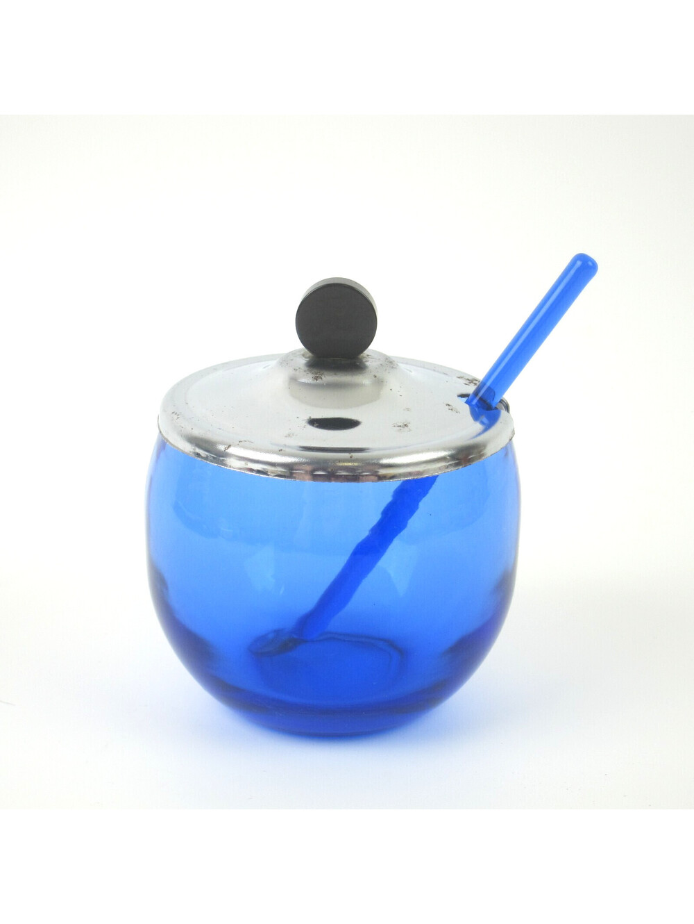 Vintage Hazel Atlas Cobalt Blue Glass Lidded Condiment Jar & Spoon Kitchen MCM